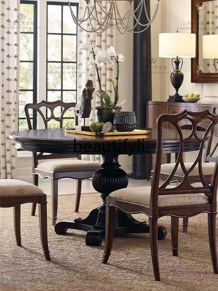 

A26 American retro solid wood black round dining table and chair combination French simple small apartment, dining table a16