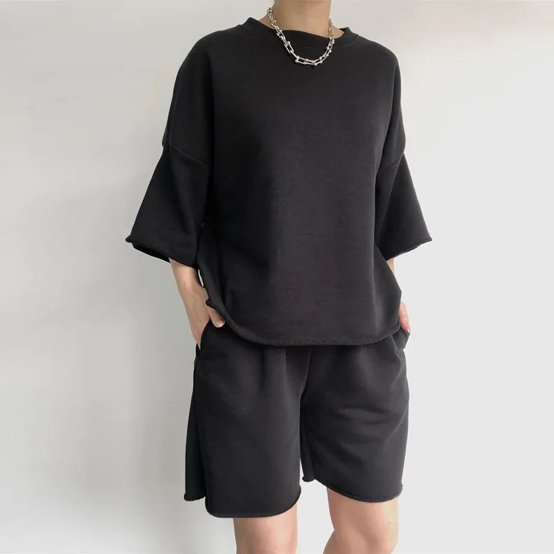 Women Two Piece Sets Round Neck Tops Y2k Short Sets Short Sleeve Lace Up Elastic Waist Loose Casual Summer Set Matching Sets