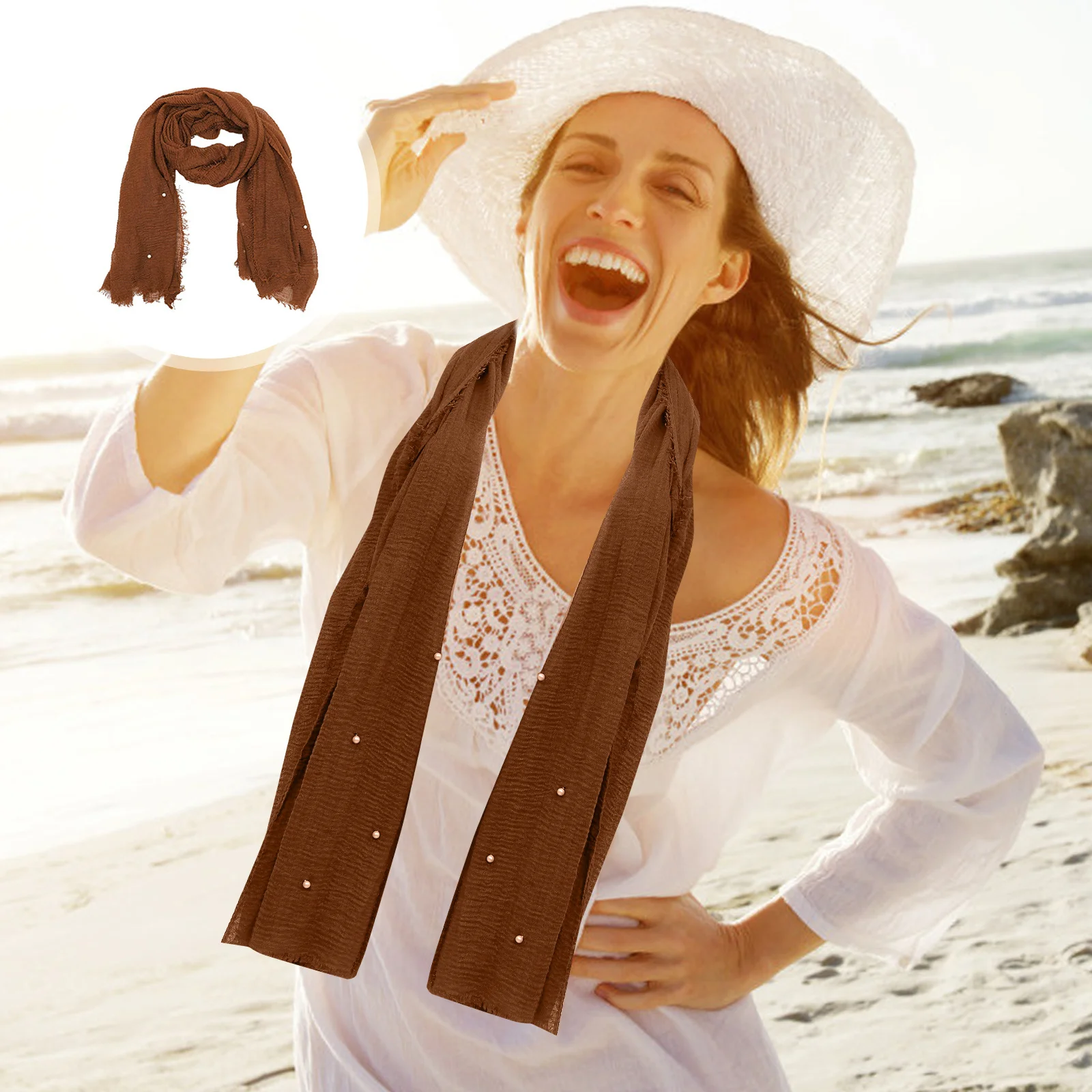 

1Pcs Exquisite Pearl Headscarf Durable Cotton Shawl Creative Design Decorative Scarf Gift Scarf Multi-Purpose Shawl