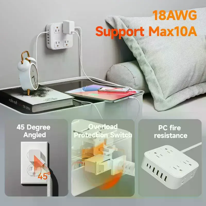 

Удлинитель 8AC + 4 USB с USB (тип C), ультратонкая плоская вилка для путешествий/дома/офиса