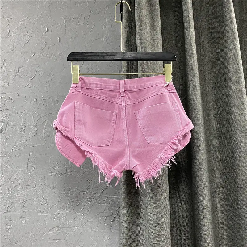 Shorts jeans lavados, borlas A-Line, Y2k, meninas picantes, Casacos, Rosa, Rua, Novo estilo, Verão, 2024