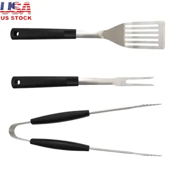 Zestaw narzędzi do grilla ze stali nierdzewnej, 3 elementy: widelec, szczypce, szpatułka, przybory do grillowania, wytrzymały plastikowy uchwyt, grillowanie 8 best sales narzędzia do grilla - №1