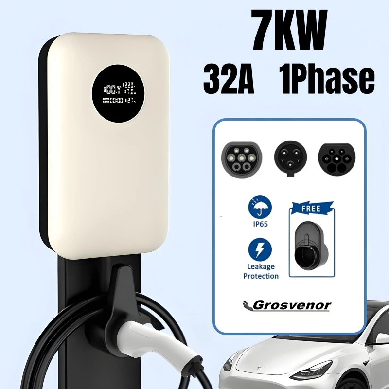 محطة شحن EV 32A 7KW شاحن السيارة الكهربائية IEC62196 J1772 GB/T شاحن EV مثبت على الحائط مع شاشة