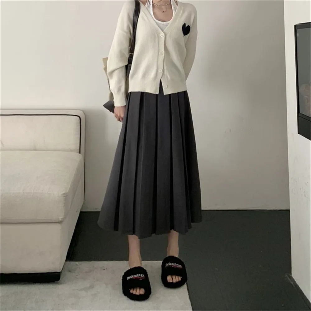 Students Long Pleated Skirt Women Brown Korea Fashion Autumn High Waist Black Midi Skirt Preppy Elegant A Line Girls Skirts Gray