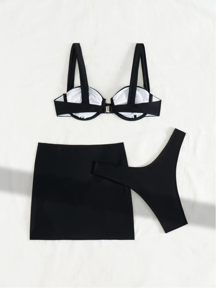 2025New Style Short Skirt Three-Piece Set Two-Piece BikiniswimsuitSolid Color Swimsuit for Women