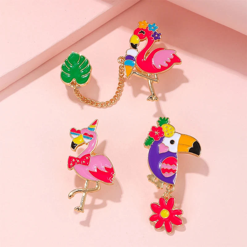 3Pack Cute Flamingo Shaped Brooches Animal Chain Charm Pins Buttons for Backpack Clothing Girls Jewelry Gifts