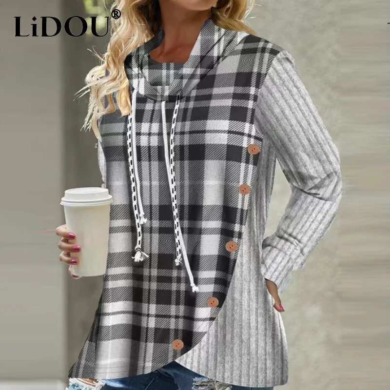 

Autumn Winter Loose Casual Vintage Plaid Patchwork Hoodies Ladies Street Style Buttons Hooded Pullovers Women's All-match Top