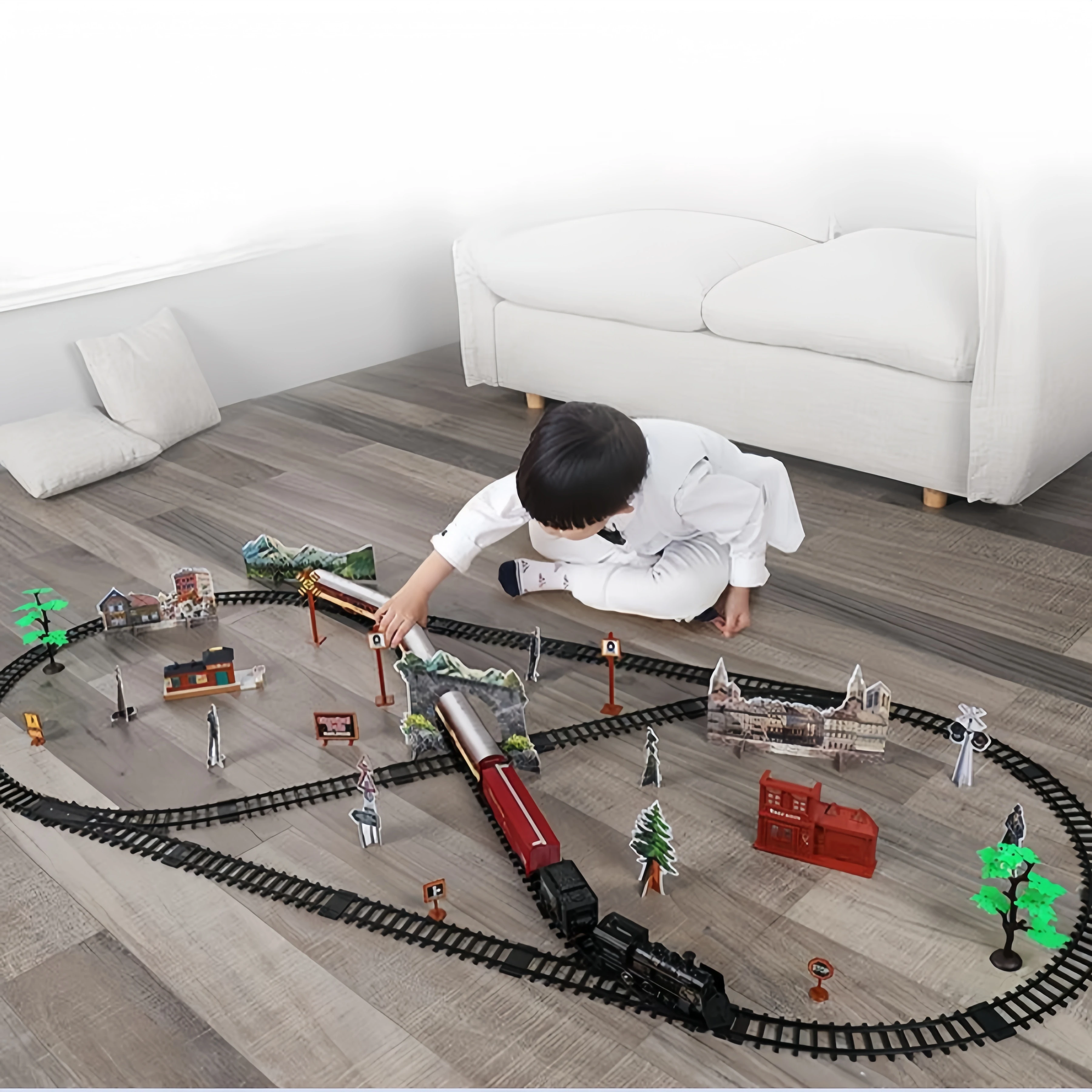 Kids Electric Steam Train Toy Rail High-Speed Rail Parking Lot Model Family Reunion Party Game Boy Birthday Gift