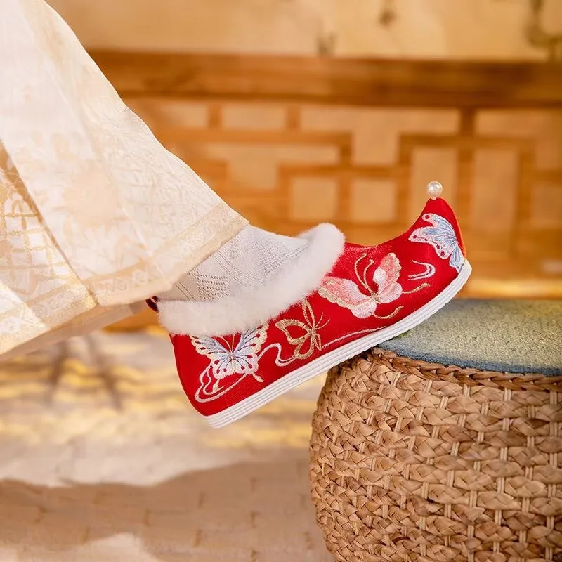 Large Size 41# Hanfu Shoes Women Chinese Ancient Embroidery Shoes Winter Warm Fluff White Pink Hanfu Shoes Plus Size 34-41#