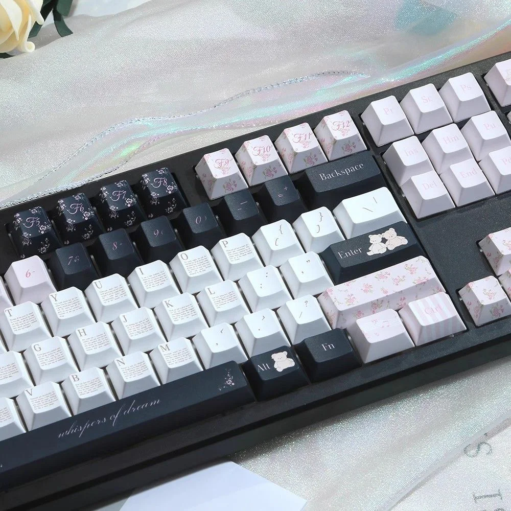 Simple Bear & Flower Keycaps, Black & Pink, Cherry Profile, PBT Material, Custom Keycaps for Mechanical Keyboard