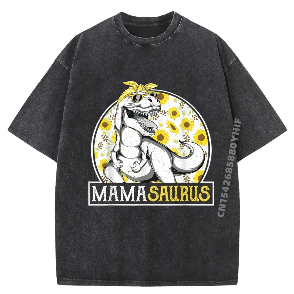 

Funny Mama Saurus Sunflower Mamassaurus Vintage T Shirts Men Oversized Washed Short Sleeve T-Shirt Best GIft