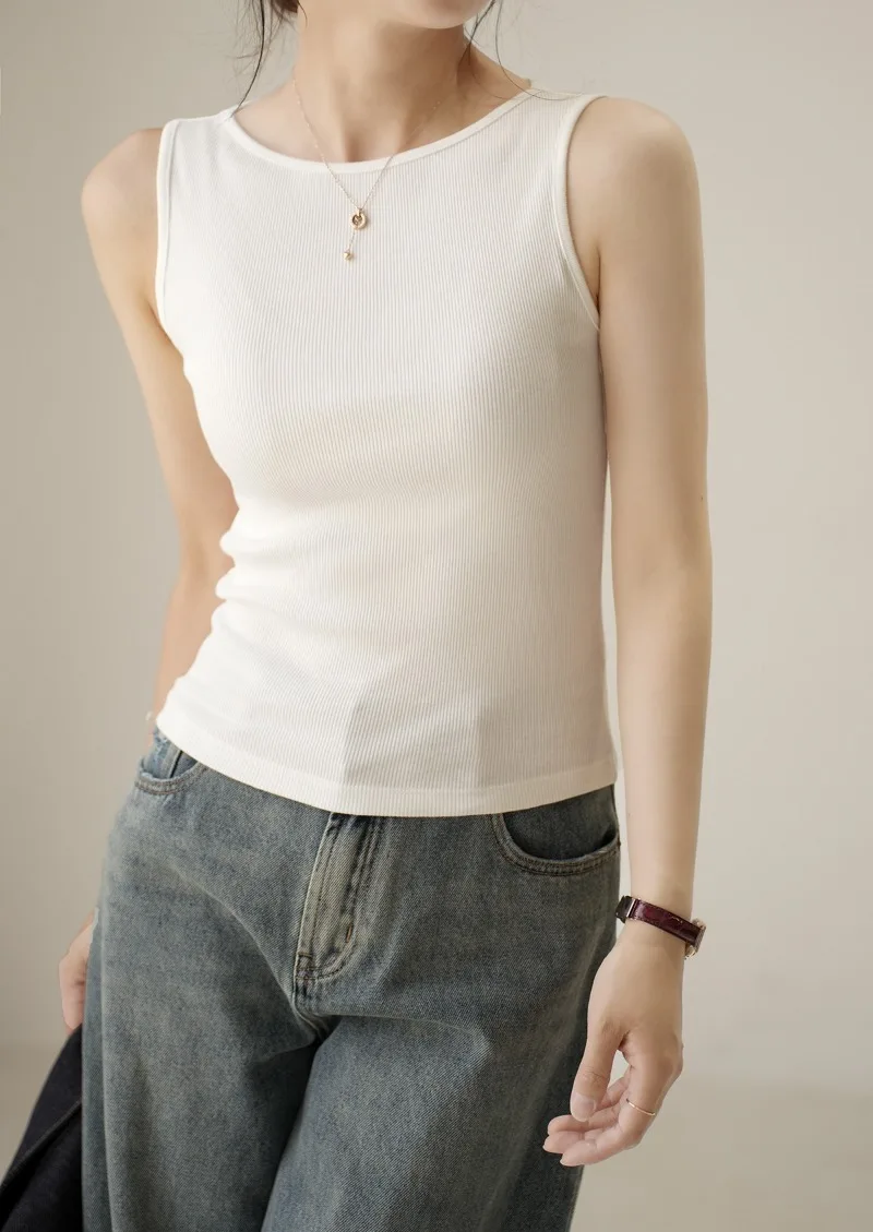 Chaleco sin mangas con tirantes anchos para el hombro de algodón de hilo de alta elasticidad para mujer, nuevas correas interiores y exteriores ajustadas