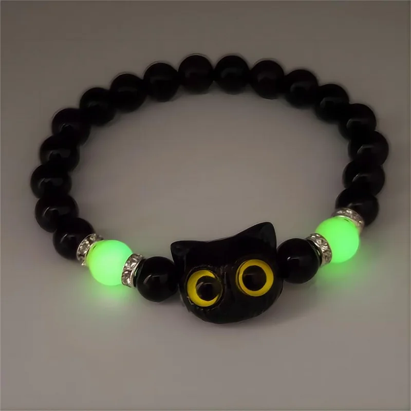 Cute Big Eye Cat bracciali luminosi per donna uomo Cartoon Animal Black White Kitten Beaded Bangles Friendship Couple Jewelry