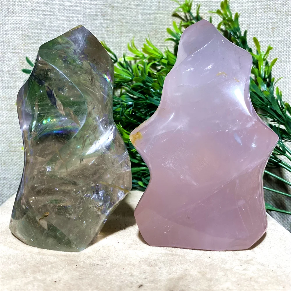 

Natural Rose Quartz Smokey Reiki Mineral Energy Healing Flame Torch Crystal Carving Tower Point Free Form Home Decoration