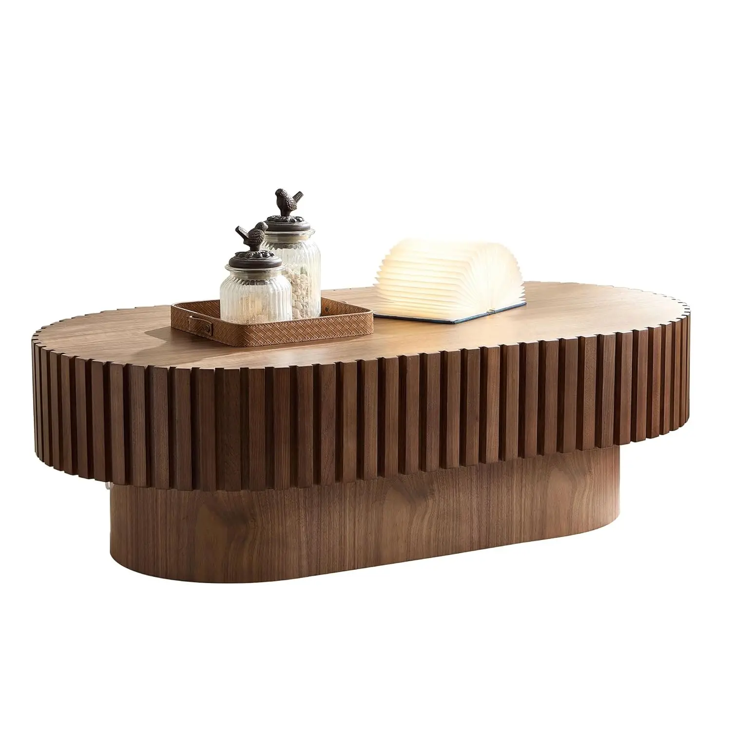 

Oval Coffee Table, Modern Handcraft Solid Wood Drum Coffee Table with Sturdy Pedestal, 43.7''L24.8''W13.78''H, Customized