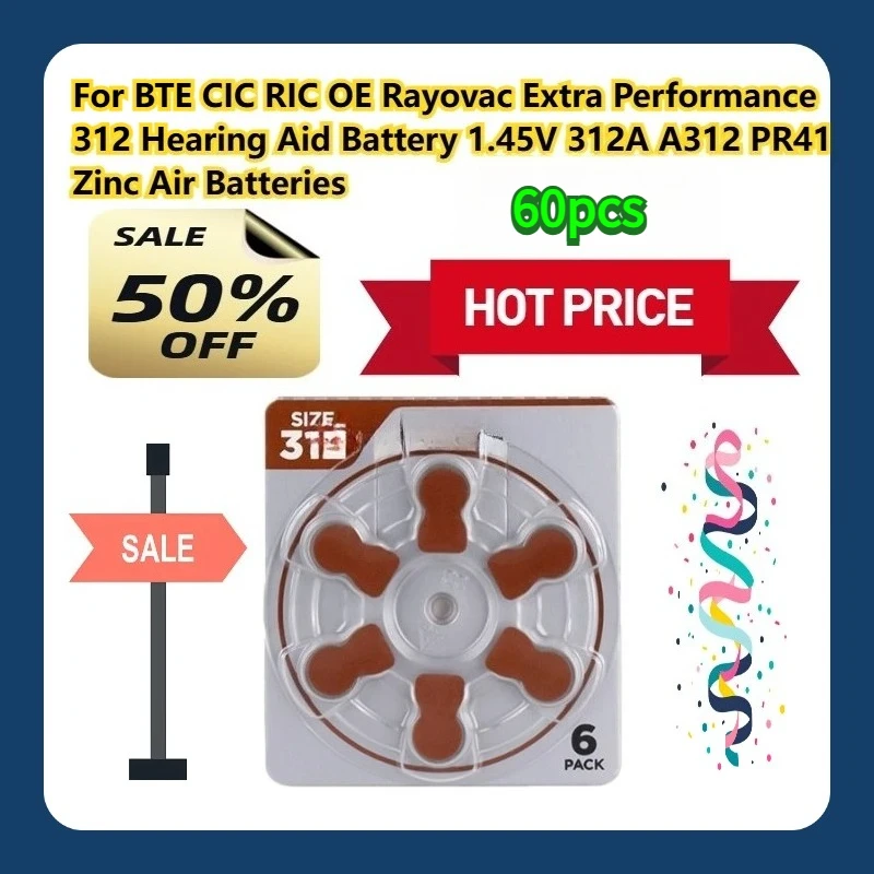 Para bte cic rich oe rayovac desempenho extra 312 bateria de aparelho auditivo 1.45v 312a a312 pr41 baterias de ar zinco 60 peças