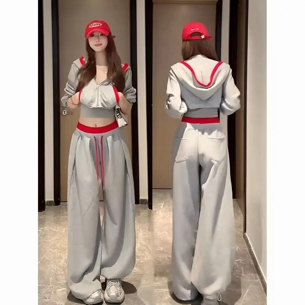 

Casual Sports Set for Women in Spring and Autumn Short Top Loose Fit Slimming and Wide Leg Pants Two-piece Set