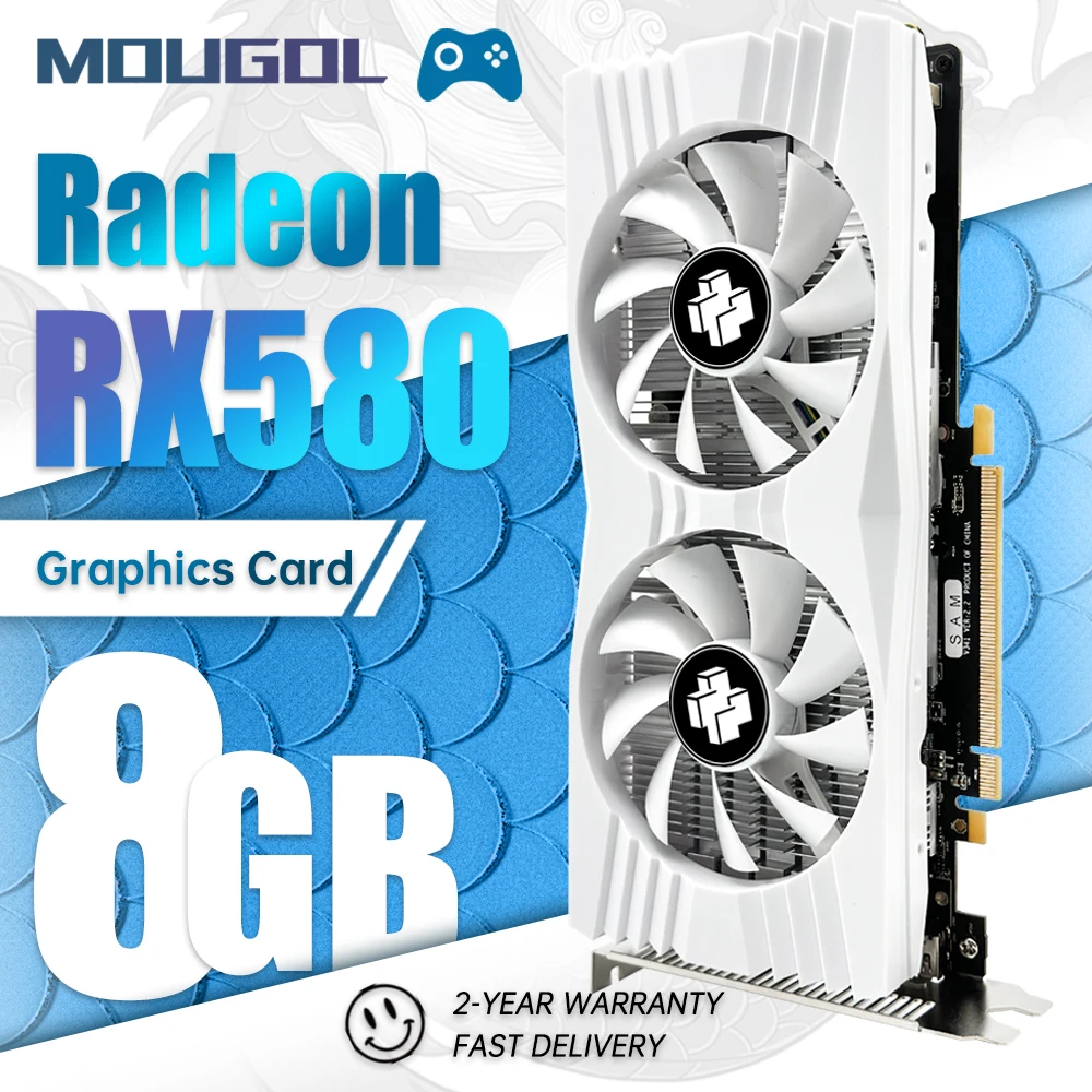 MOUGOL-AMD Placa gráfica Radeon RX580, 8GB, GDDR5, Combo de computador desktop, Placa de vídeo, GPU PCIE 3.0x16, Suporte para jogos, Novo