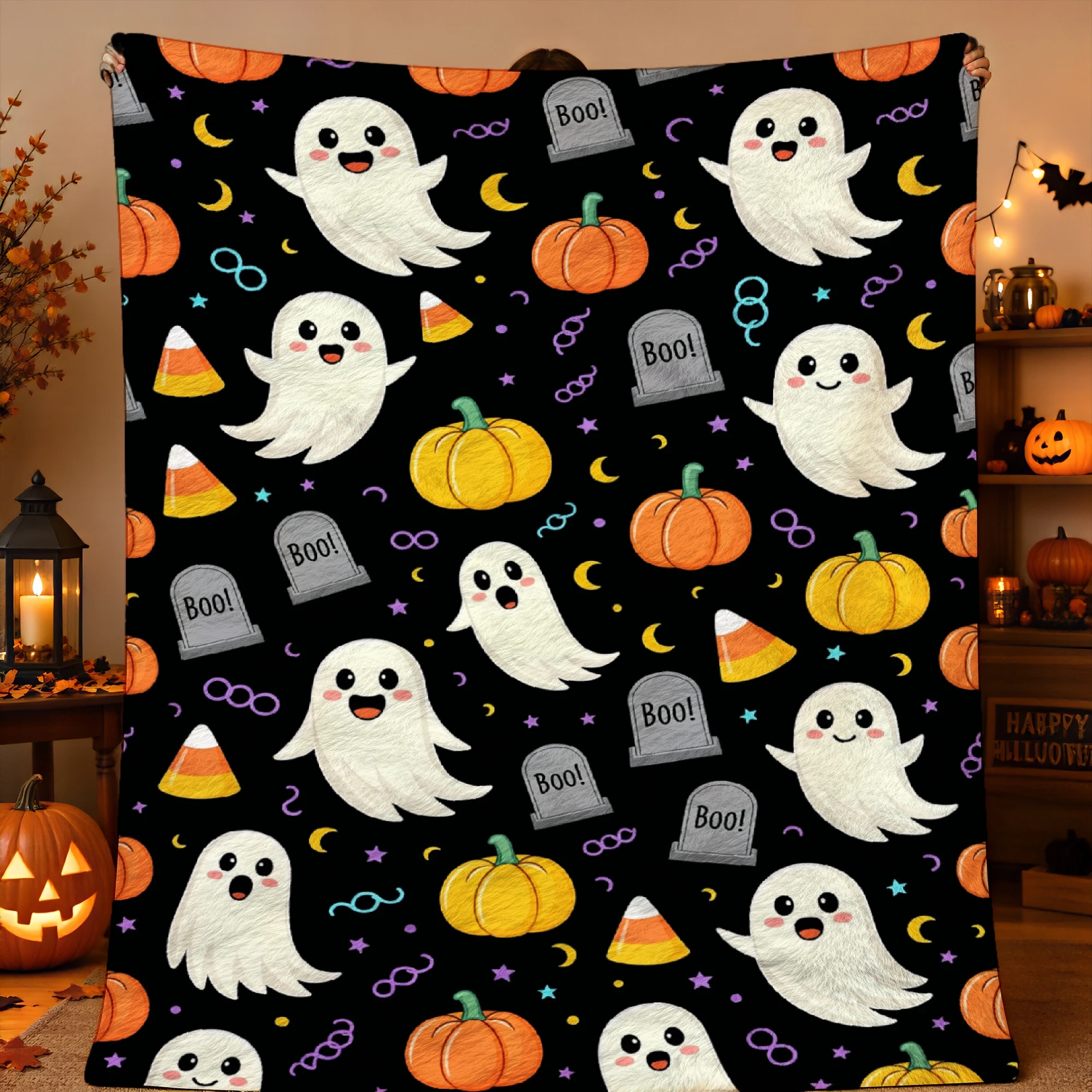 1pc 2D Printed Halloween Throw Blanket White Ghosts Orange Pumpkins Candy Corn Boo Tombstones Black Background Warm Soft Comfort