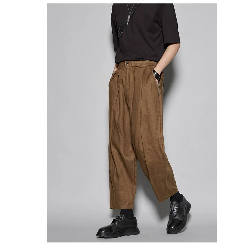 High-end Linen Spring Autumn Men's Nine-point Pants Coffee Color Temperament Fashion street Suit  Breathable Straight Leg Pants