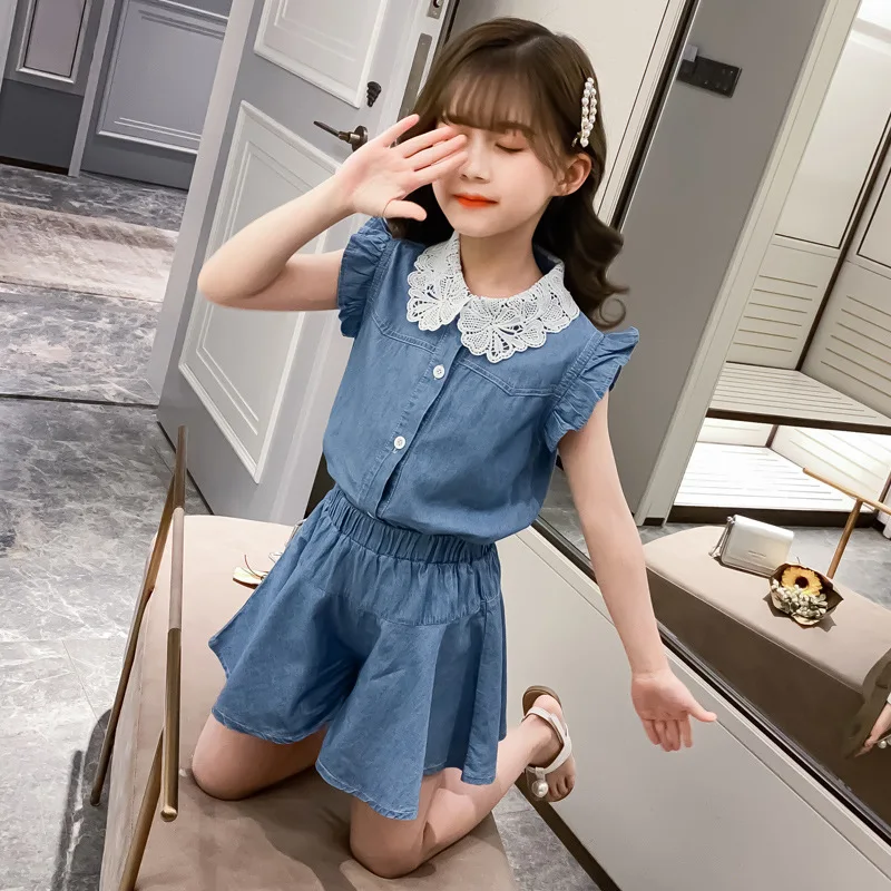 2024 summer teens kid baby Girls Clothes lace off shoulder denim T Shirt vest + solid pants Outfits 5 6 7 8 to 9 10 11 12 years