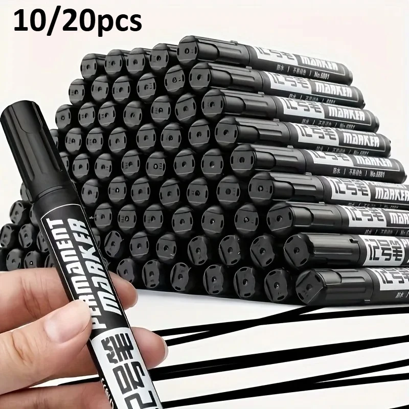 10/20pcs Permanent Marker Set, Waterproof Black Ink High-Capacity Oil-Based Pens, Office Supplies for Multi-Surface, Graffiti