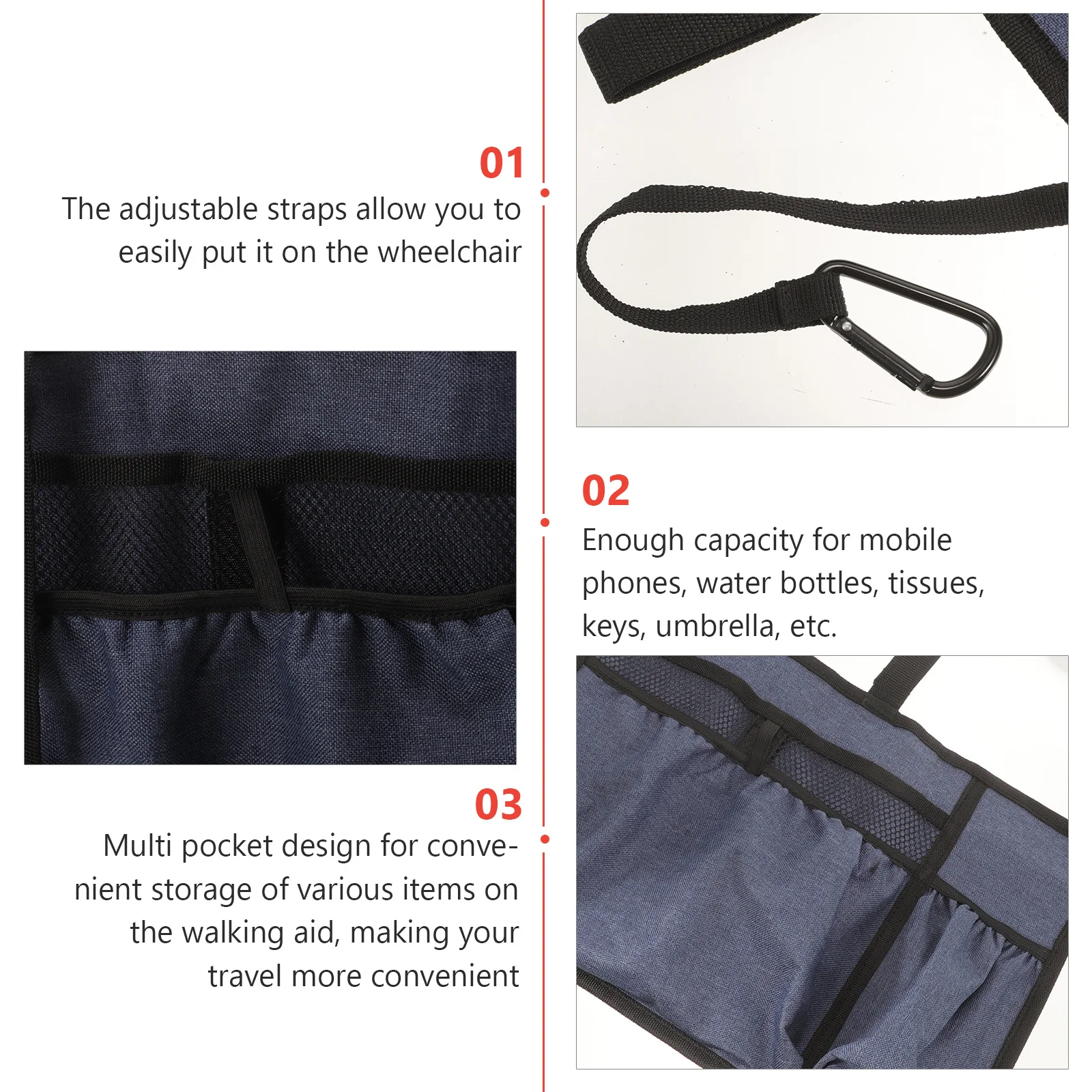 

Practical Wheelchair Side Bag Durable Anti-Wear Pouch for Seniors Walker Accessories with Multiple Compartments