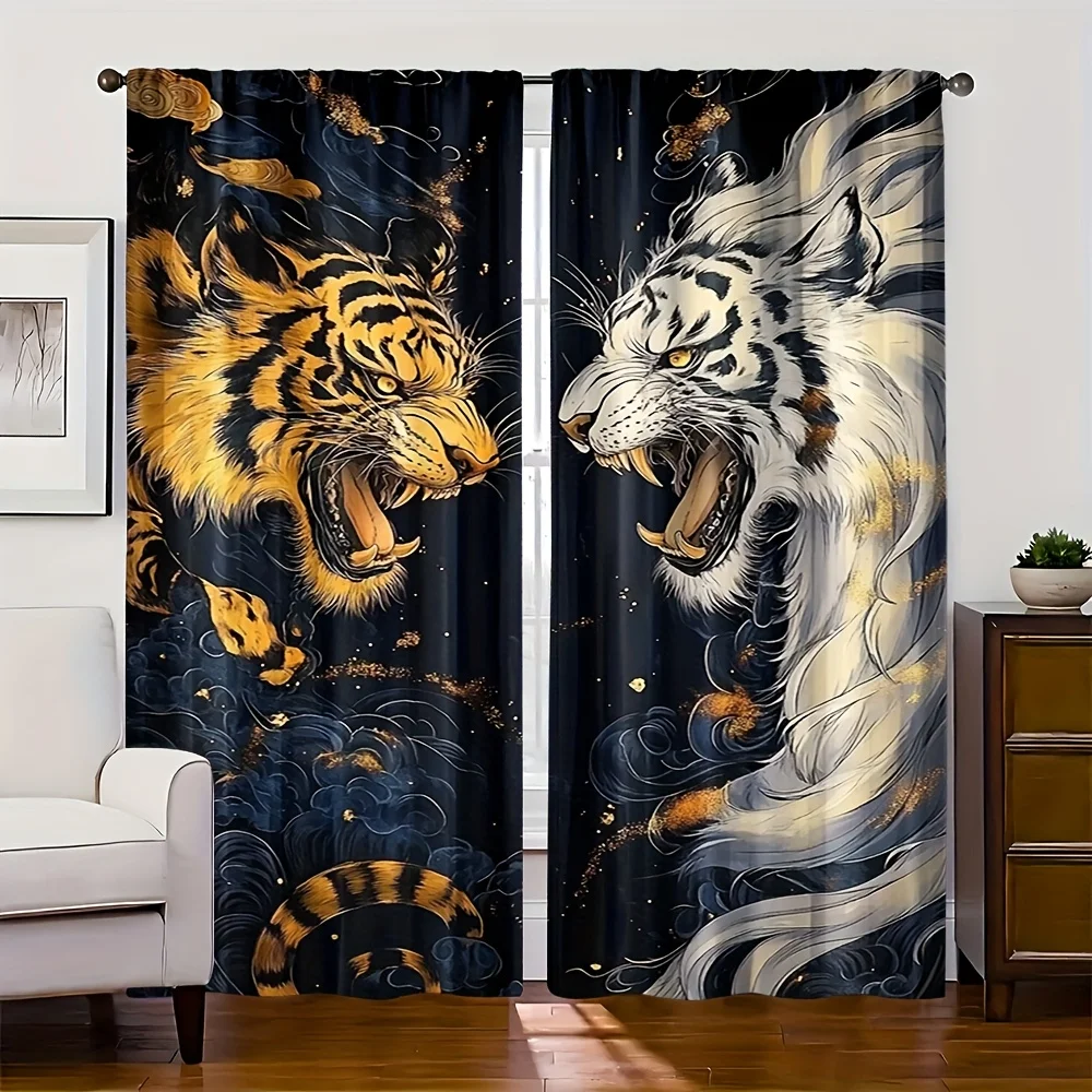 2pc Dragon vs Tiger Print Curtains – Rustic Farmhouse Style for Living Room & Dining Room (Rod Not Included)