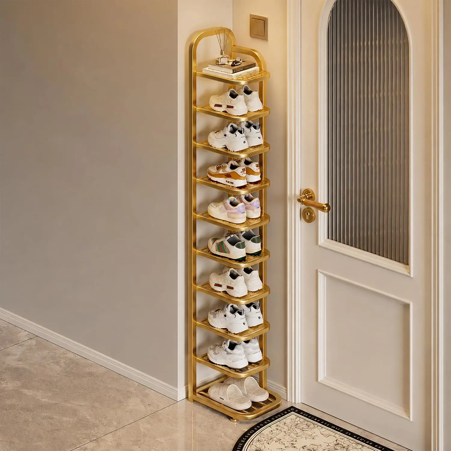 Vertical Narrow Shoe Rack 5-10 Tier Metal Slim Organizer Tower Space Saving Stand for Entryway Hallway Corner Closet, Customized
