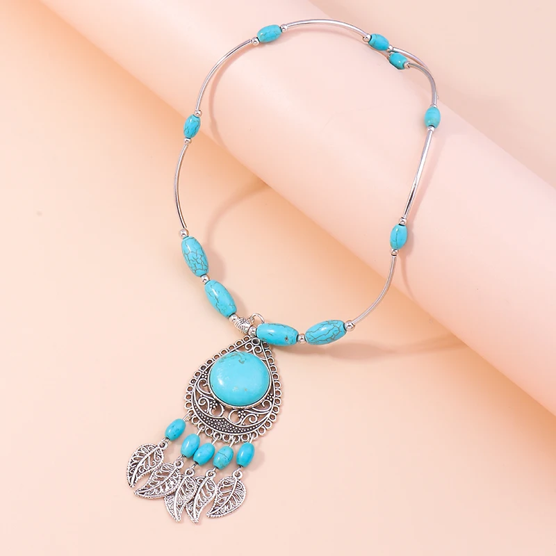 Bohemian Turquoise Tassel Necklaces for Women Ethnic Tree Leaf Pendants Statement Necklace Girls Party Jewelry Gifts