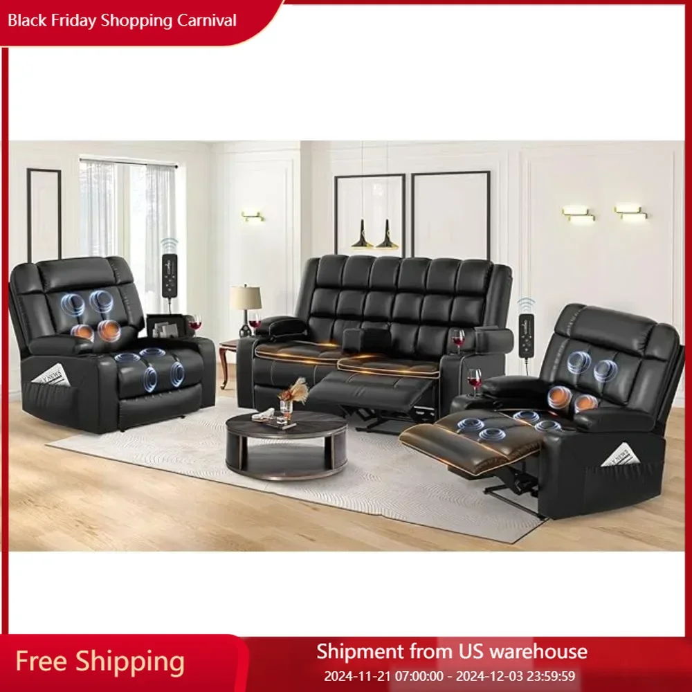 Reclining Sofa and Loveseat Set,Heat Massage Removable Console,Storage Armrests, Breathable Faux Leather Living Room Sofa