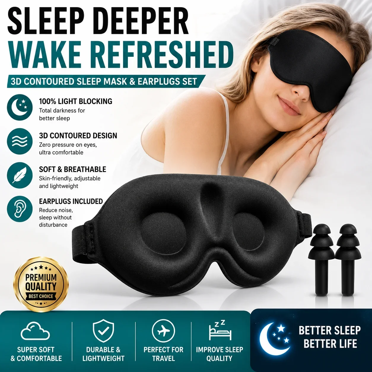 3D Contoured Sleep Mask with Earplugs Set 100% Light Blocking Eye Mask Soft Breathable Travel Sleeping Mask for Women Men