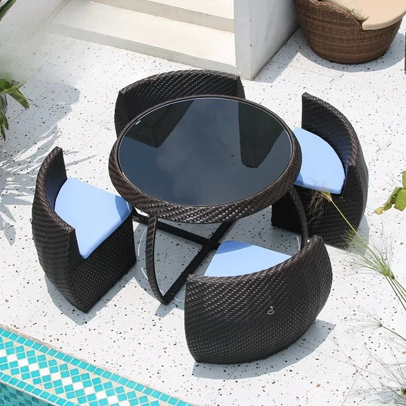 Outdoor villa courtyard rattan tables and chairs leisure garden terrace tables and chairs can be stored open-air umbrella chairs