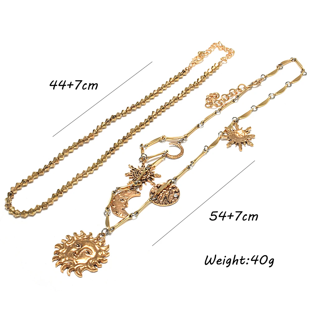 Vintage High Quality Double Chains Necklace For Women Metal Gold Color Sun Moon Penndant Jewelry Wholesale