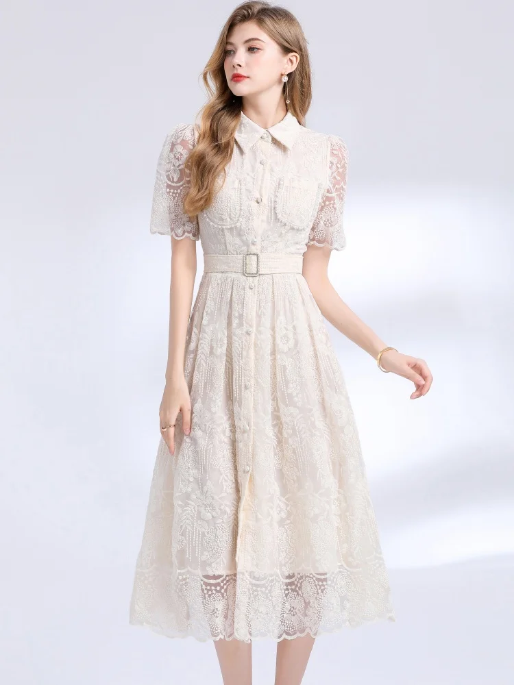 

High End Temperament Light Luxury Mesh Embroidery Dress Women's Lapel Short Sleeve Slim Waist Runway Long Dresses With Belt