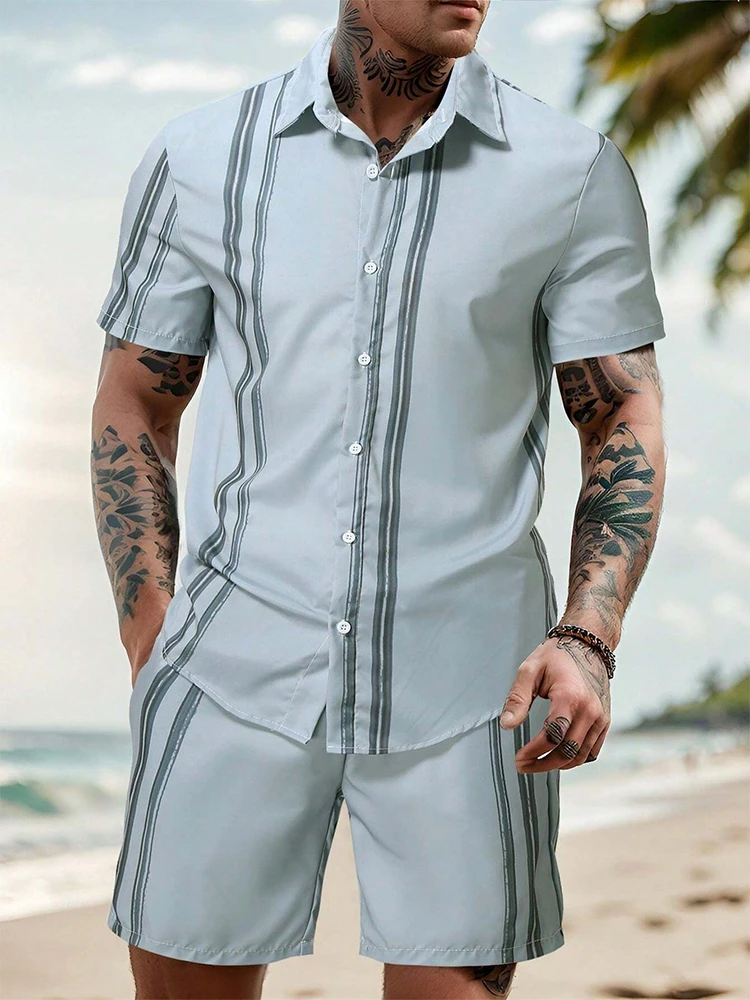 Camicia a maniche corte da uomo con stampa a righe 3D camicia Casual da uomo estiva per tutti i giorni e pantaloncini da spiaggia Set pantaloncini