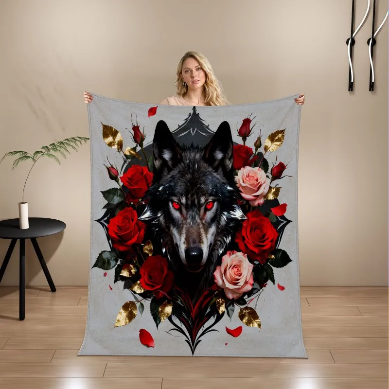 Wolf Rose Floral Flannel Blanket Golden Leaves, Ultra-fine Fiber Soft Cozy Throw Blanket for Nap Couch Bedroom