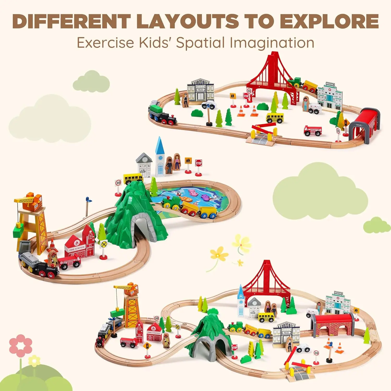 유아용 112피스 나무 기차 세트 - 양면 기차 트랙, 남아 및 여아를 위한 완벽한 나무 장난감