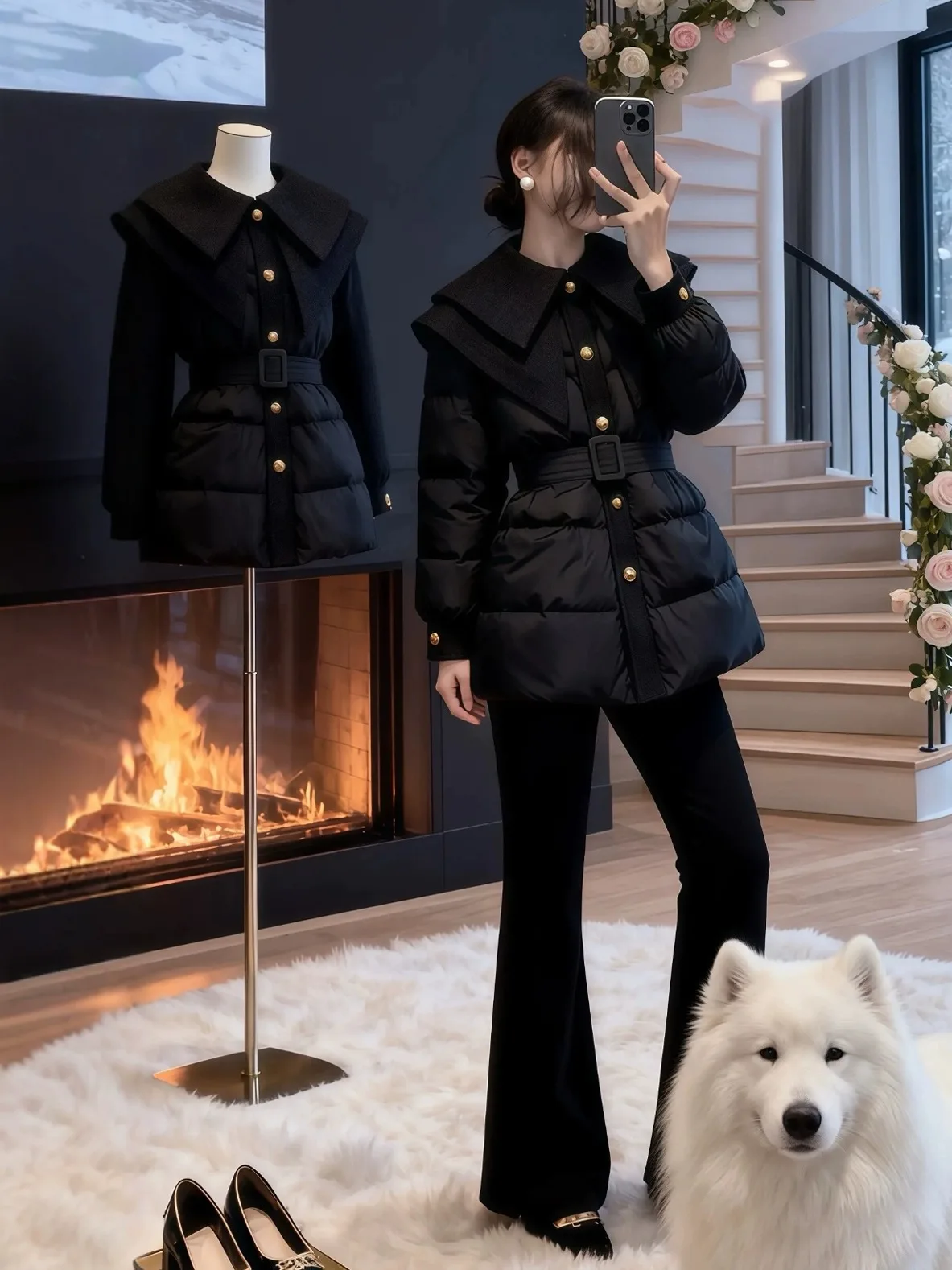 

Утепленная женская зимняя куртка свободного кроя из хлопка с пуховым наполнителем, средней длины, с объемным воротником-стойкой, теплая и комфортная, большие размеры