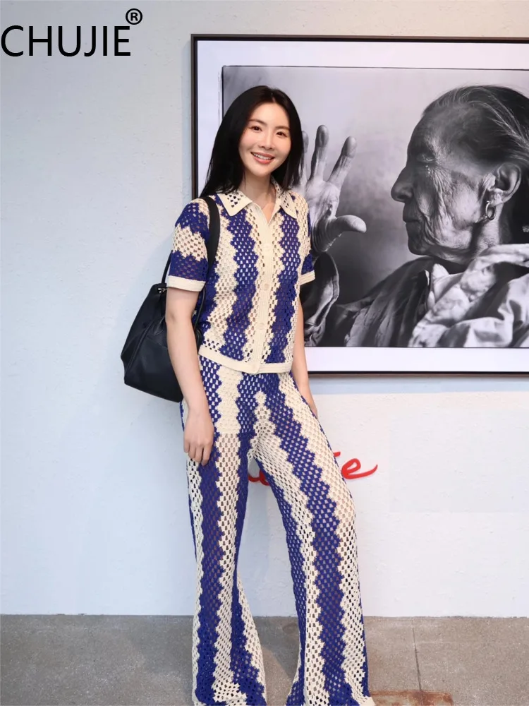 CHUJIE 2025, Sommer-Cardigan-Hosen-Set im französischen Stil, Blau, Weiß, Boho, Strand, Hochzeit, hohle Spitze, Sommergast – Viskose-Nylon