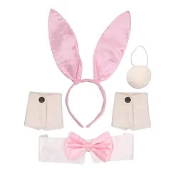 Pink White Black Bunny Costume Set - Rabbit Ears Headband, Bow Tie, Cuff and Tail Accessories Kit