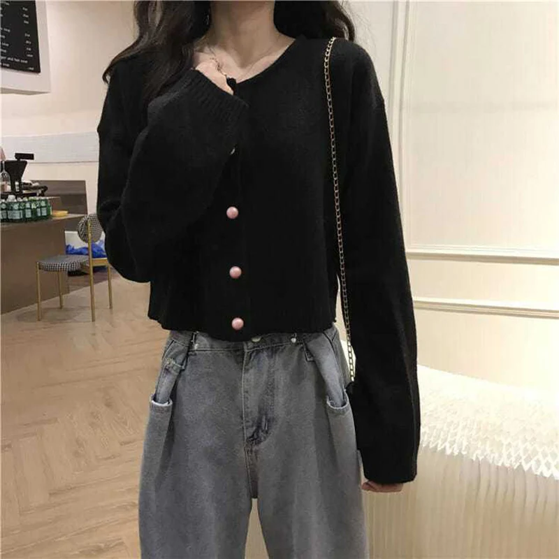 Rimocy Chic Single Breasted Cropped Cardigan Women Autumn Winter Round Neck Sweater Woman Purple Long Sleeve Knitted Cardigans