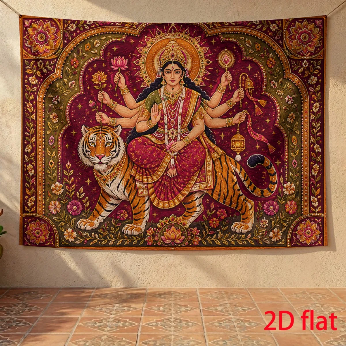 Vibrant Goddess Durga and Tiger Wall Hanging Tapestry Indian Mythology Spiritual Home Decor Art