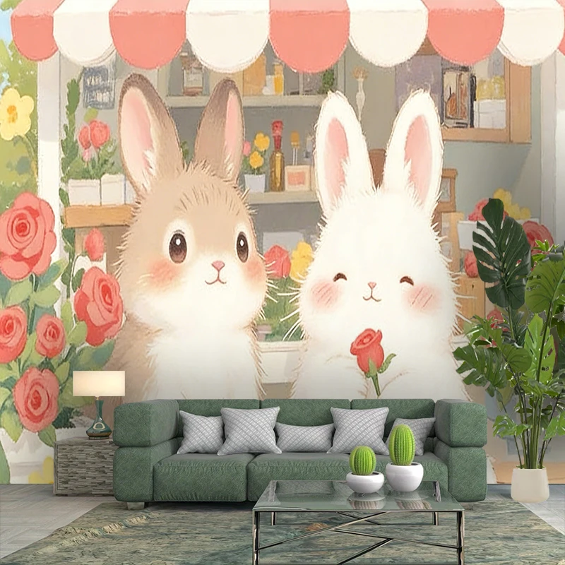 1PC Two Cute Bunnies Rose Floral Shop Print Backdrop Banner, Bedroom Living Room Photo Background, Polyester, Home Decor, Wall A