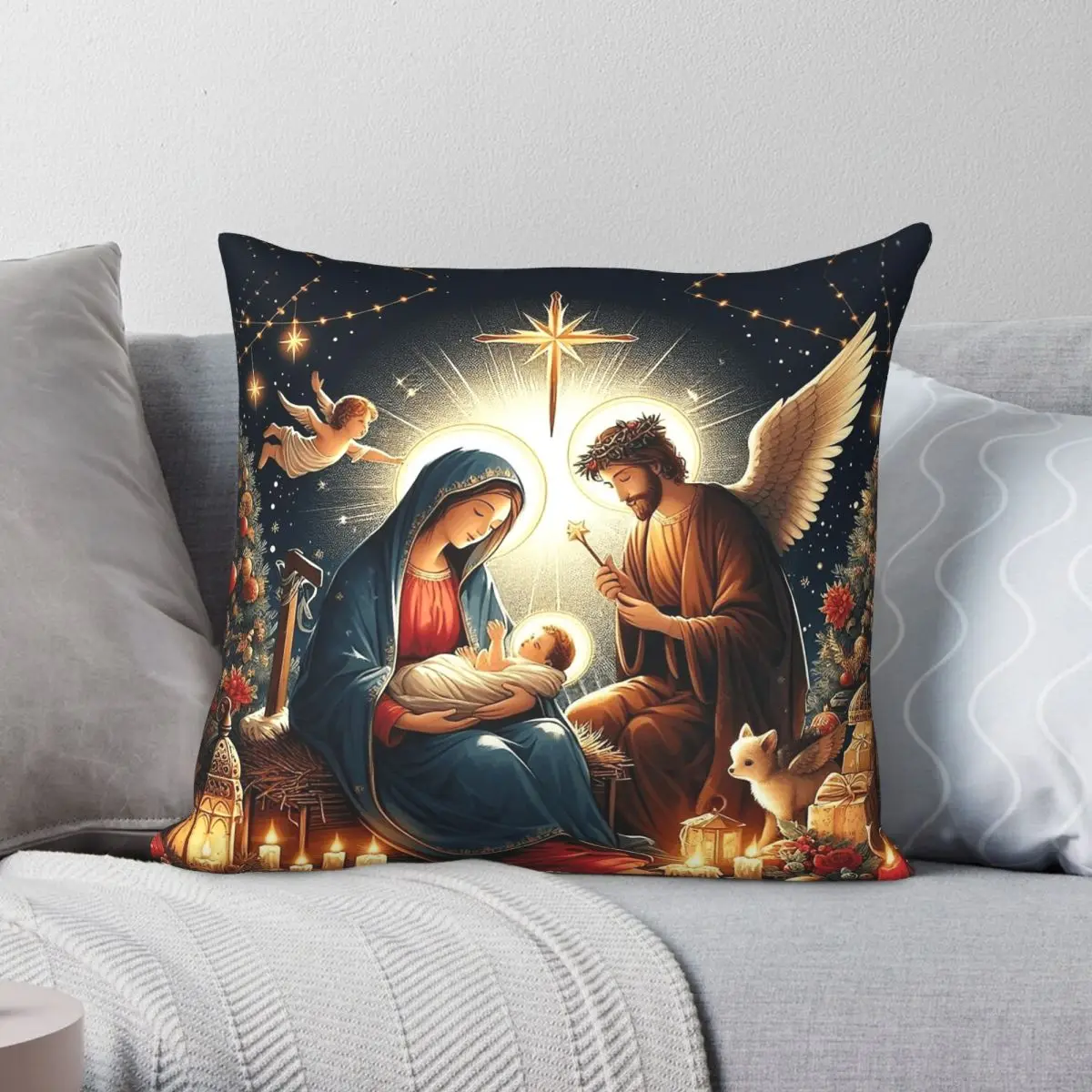 Advent Christmas Baby Jesus Angels Square Pillowcase Polyester Linen Velvet Creative Zip Decor Throw Pillow Case Sofa Cover 18