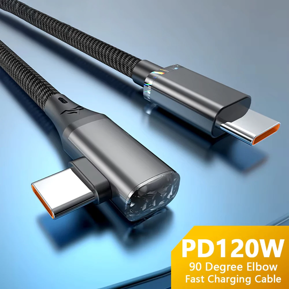 L-Shape Right Angle USB-C to C Fast Charge Cable 120W PD Nylon High Speed Data Sync Cord For IOS Android Cellphone Laptop Gaming