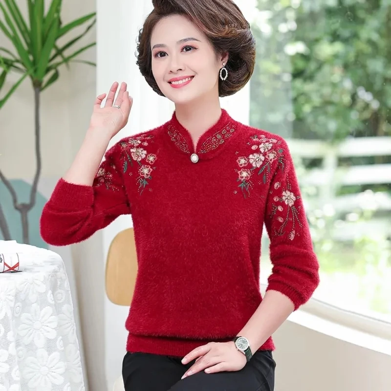 

2024 Autumn Winter Simple New Middle-Aged Elderly Long-Sleeved Plus Velvet Padded Sweater Ladies' Coat Warm Bottoming Pullover