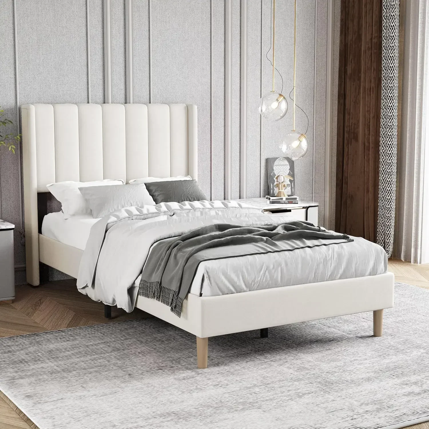 Twin Size Bed Frame with Velvet Upholstered Headboard, Beige | Velvet Platform Bed, Heavy Duty Wooden Slats Support, 7.48