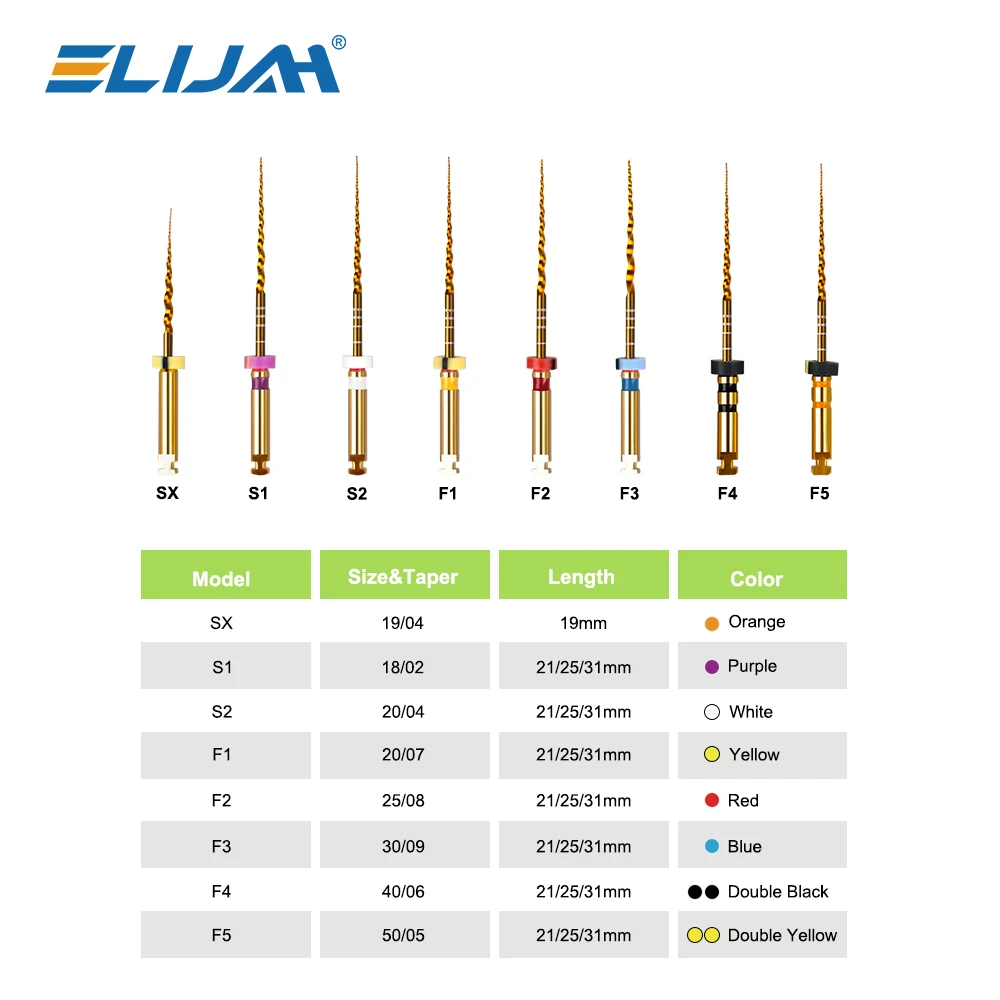ELIJAH 6 uds activación de calor Dental Super archivo oro rotativo Motor Flexible limas cónicas conducto radicular instrumento de odontología Material