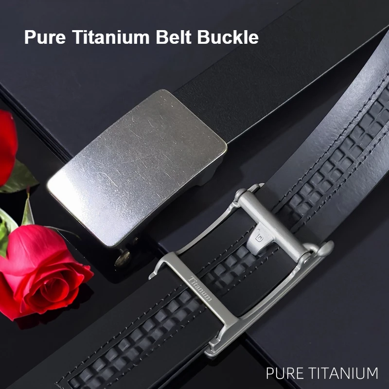 35mm Pure Titanium Auto Buckle Black Leather Belt Tough and Durable Business Versatile Men's Belt Top-Grain Leather Belt